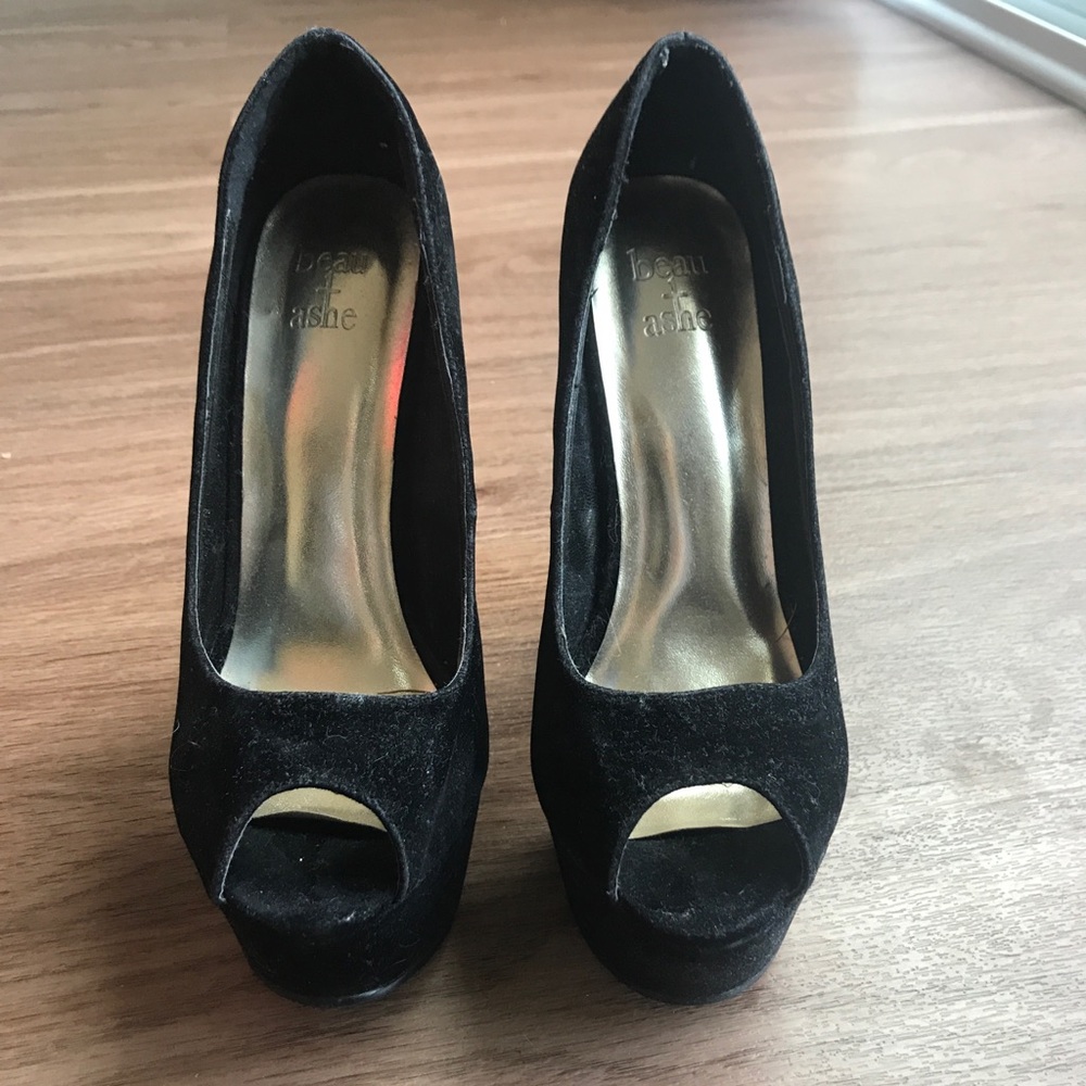 Beau + Ashe black suede heels